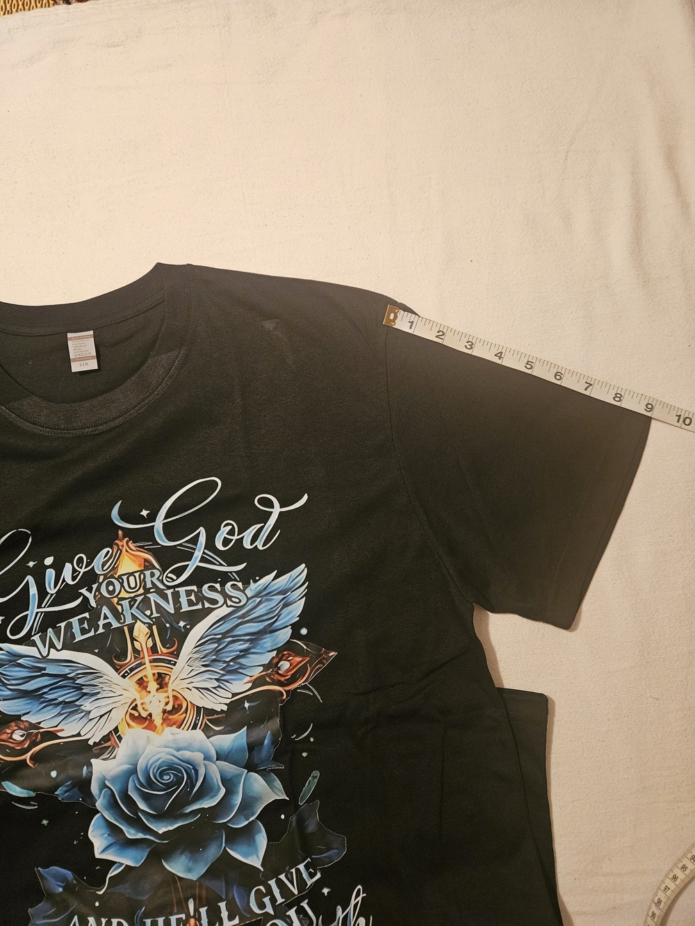 Black Graphic Short-Sleeve Tee with Blue Rose & Wings